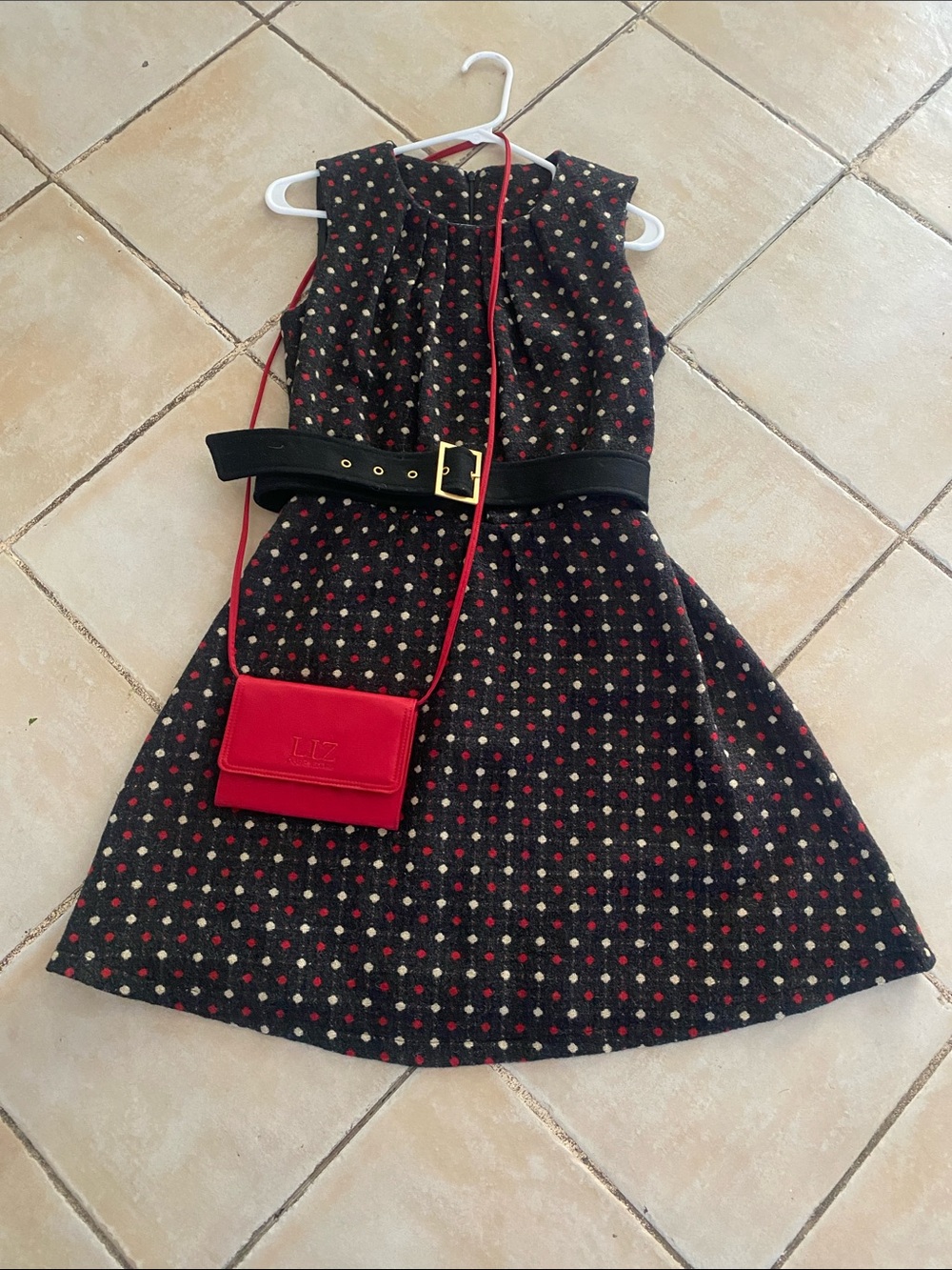 Boden Kate belted Vintage Fit Flare Wool Blend Polka Dot Dress 8 with crossbody